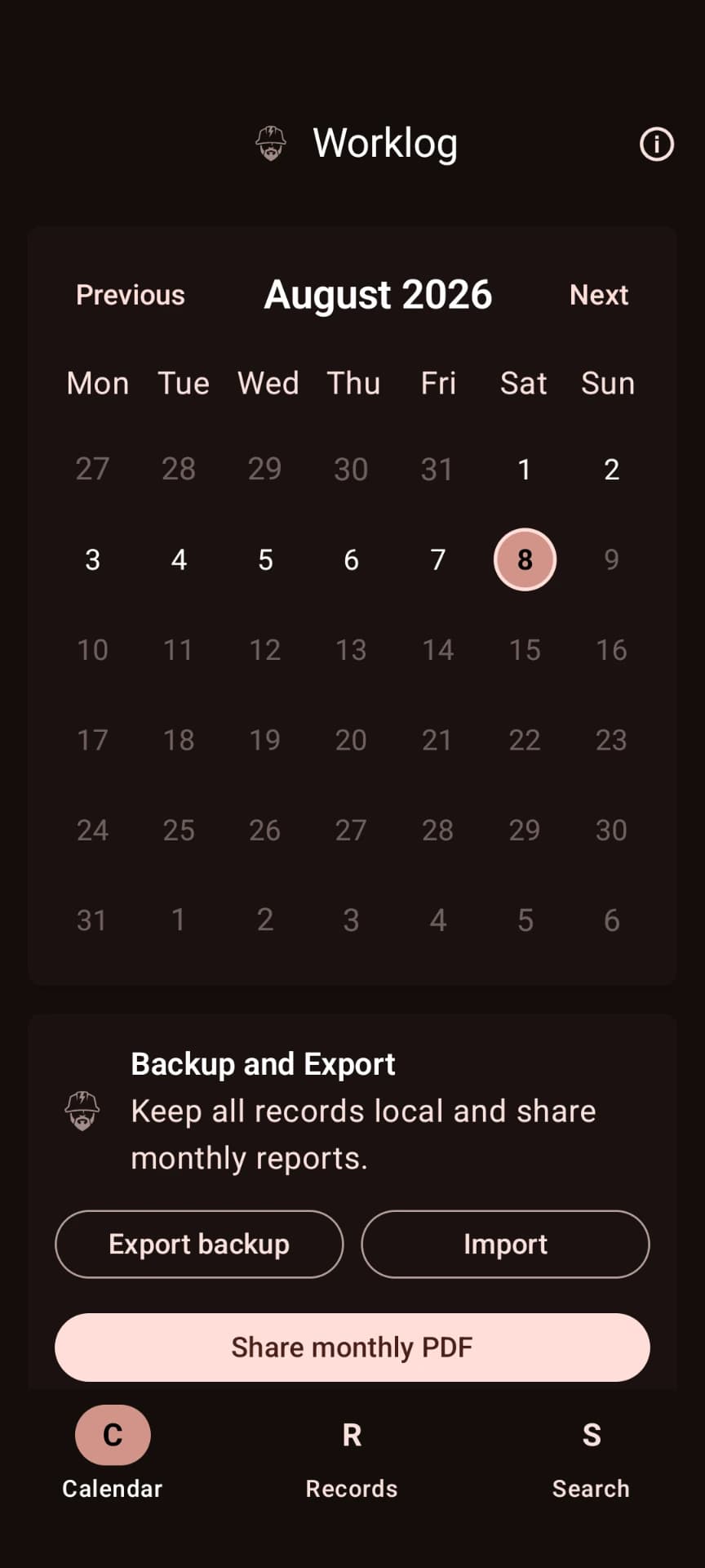 Worklog Android calendar, backup and PDF export screen